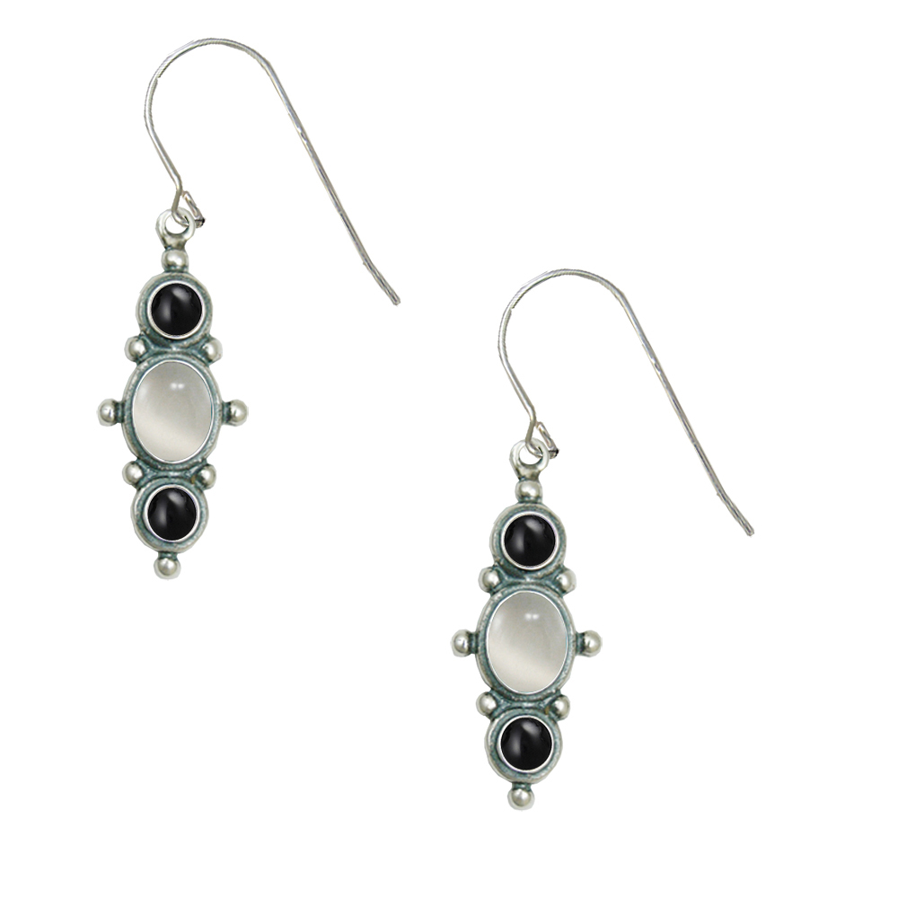 Sterling Silver Drop Dangle Earrings With White Moonstone And Black Onyx